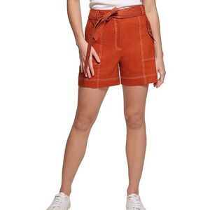 Calvin Klein Linen Blend Tie Waist Belted Shorts Size S Burnt Orange Mom High